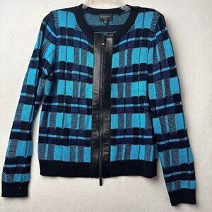 Rondina NY Luxury Women's Silk, Cotton & Real Leather Trim Zippered Cardigan